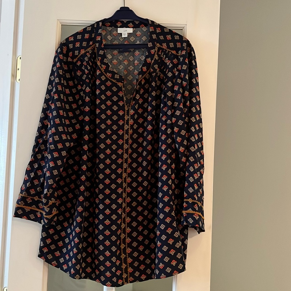 J. Jill Tunic Blouse Blue with madeleines & Gold Swen trim Like New Sz LargeTall